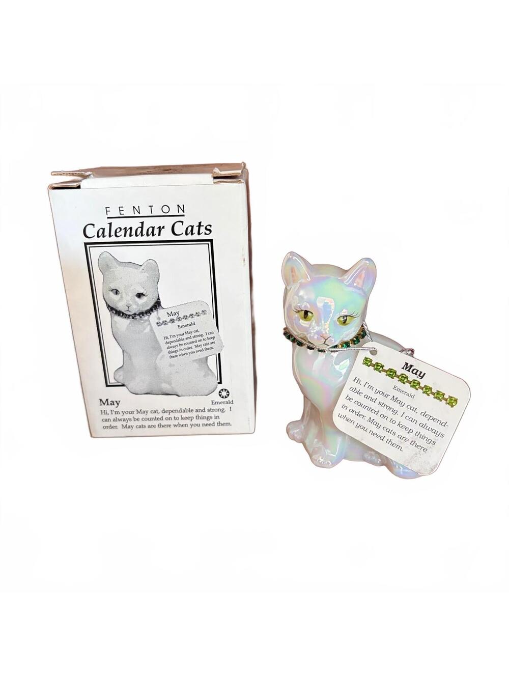 Fenton Calendar Cats May Emerald Iridescent Glass Cat Figurine w/ Box + Tag